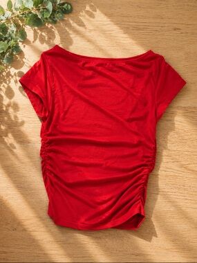 Women’s Red Ruched Side Short Sleeve Top by Threaded Rose - SIZE S
